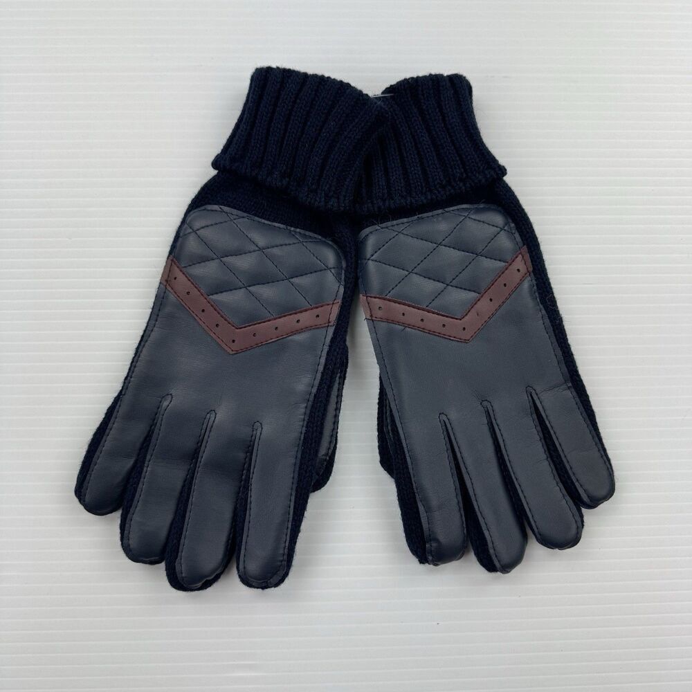 Vintage English Village Blue Acrylic Winter Gloves Quilted Faux Leather Retro